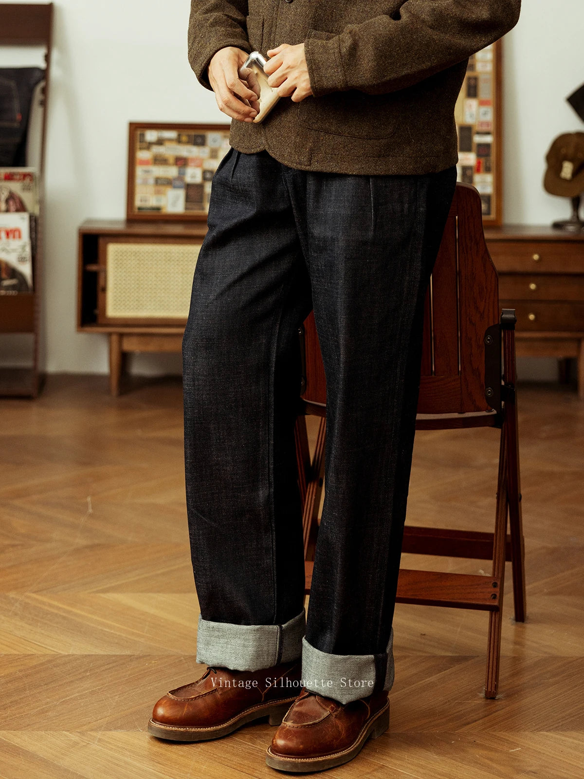 Pleated High Waist Denim Trousers