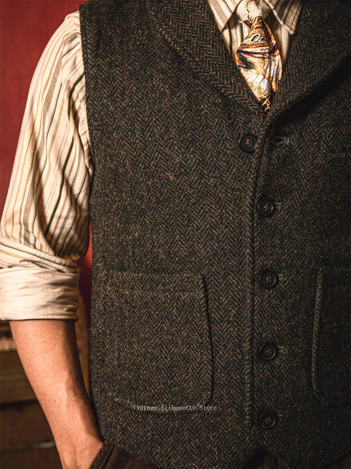 Herringbone Tweed Lapel Vest