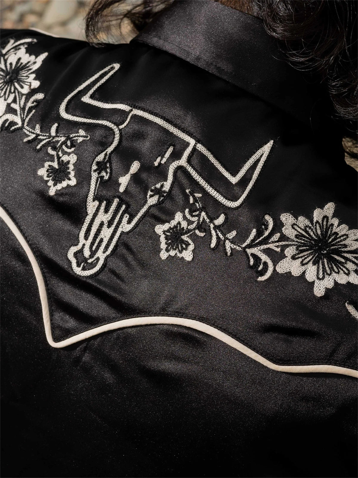 Black Embroidered Satin Western Shirt