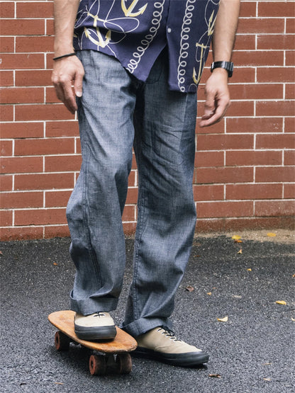 Chambray Pleated Loose Trousers