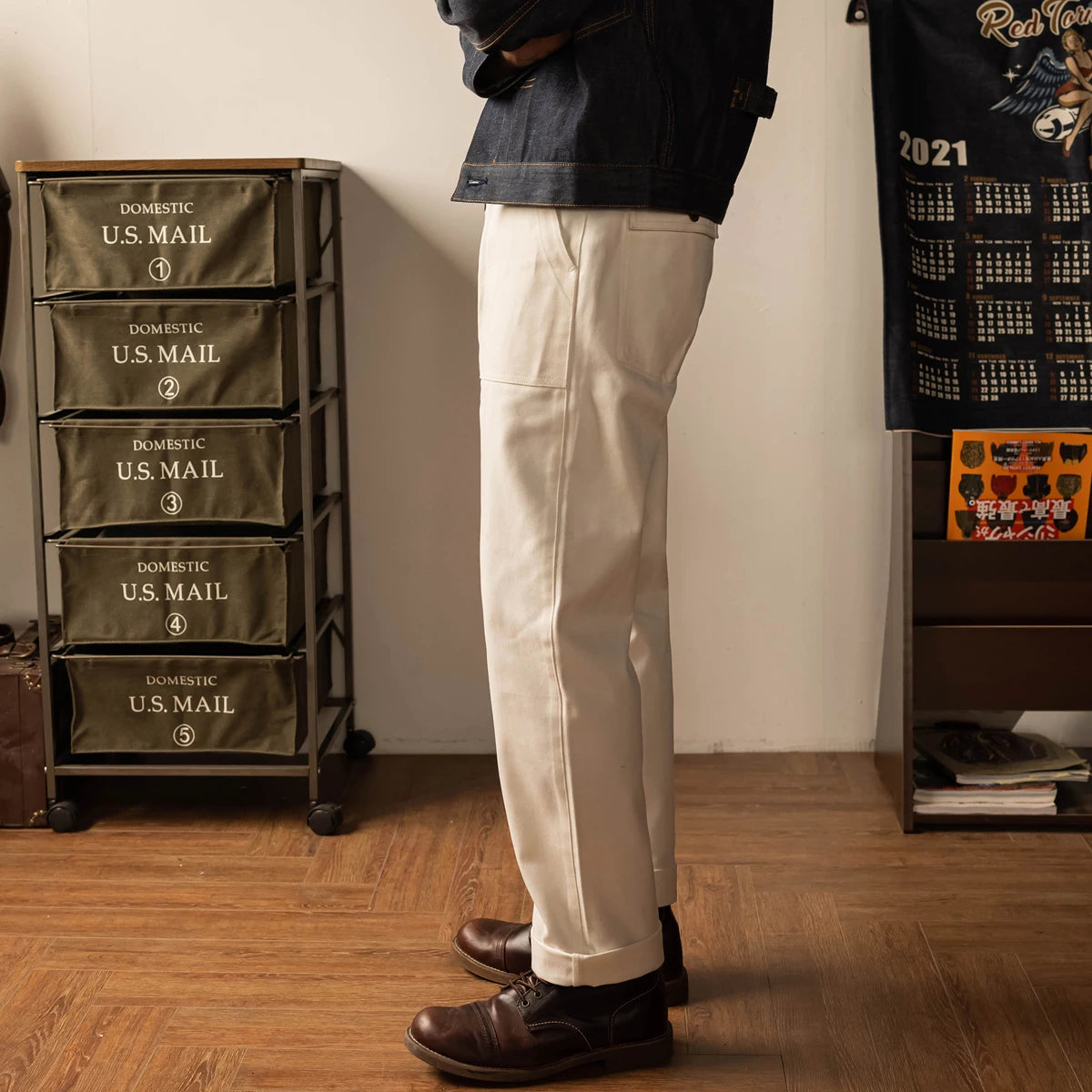 White Herringbone Deck Trousers