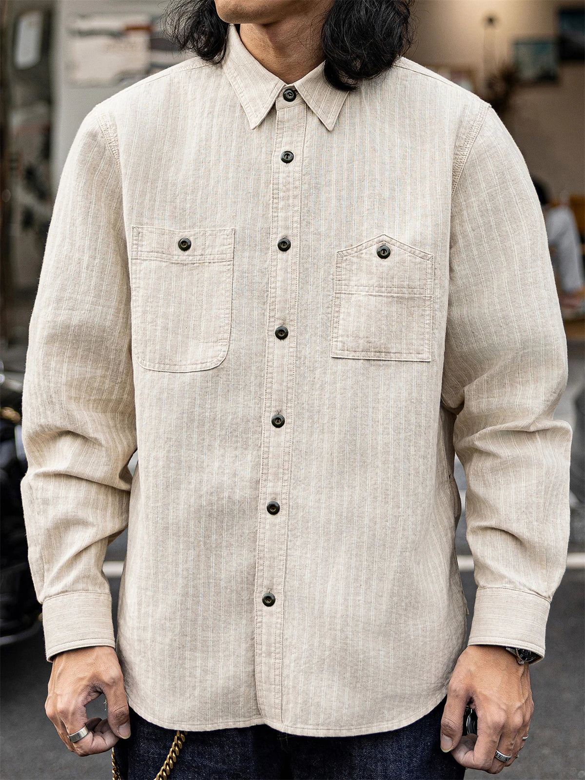 Cotton Linen Stripe Work Shirt