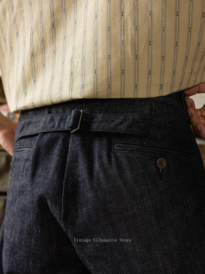 Pleated High Waist Denim Trousers