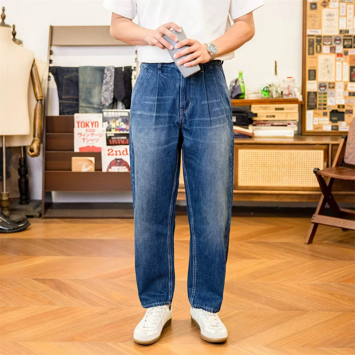 Washed Blue Two Tuck Trousers