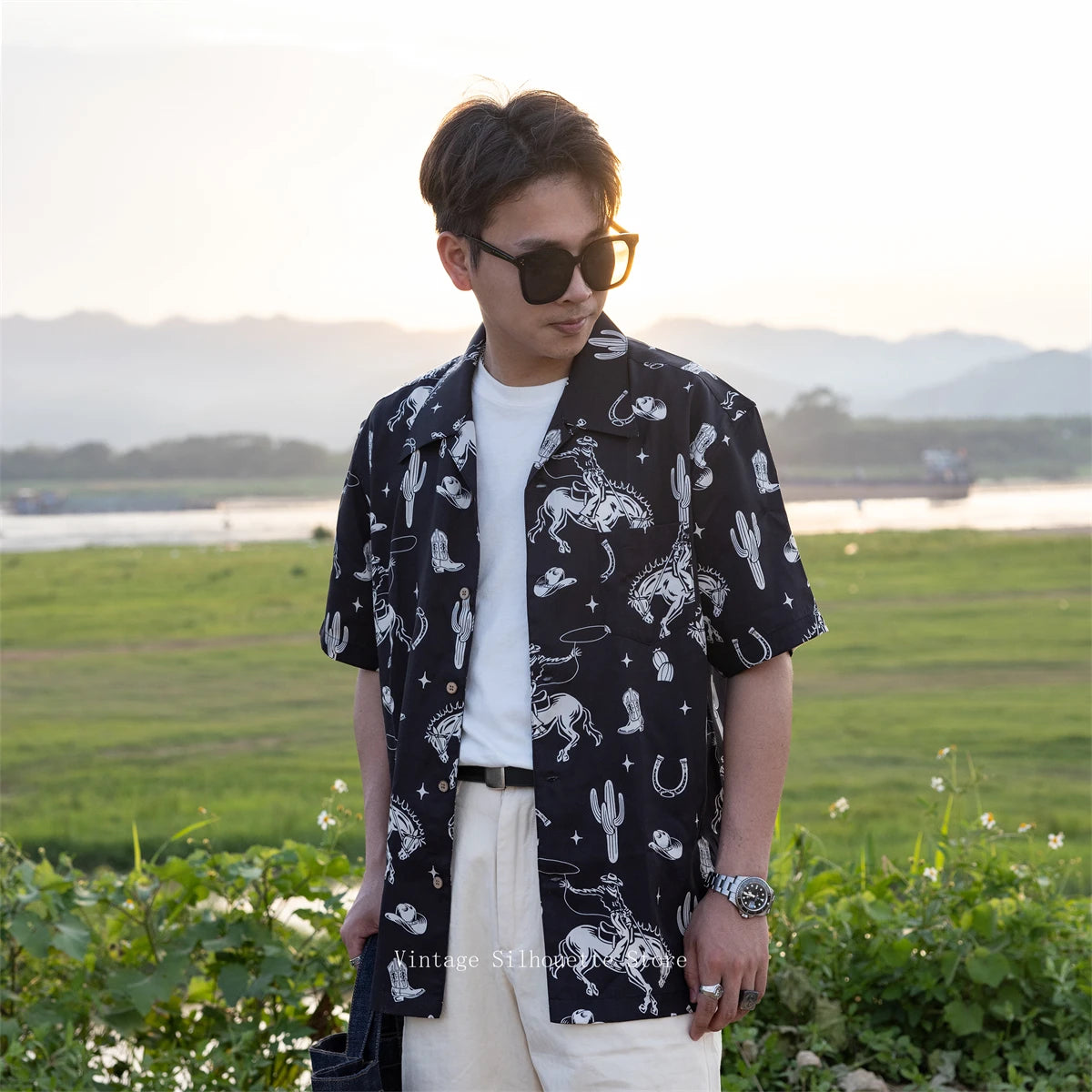 Black Cowboy Print Hawaiian Shirt