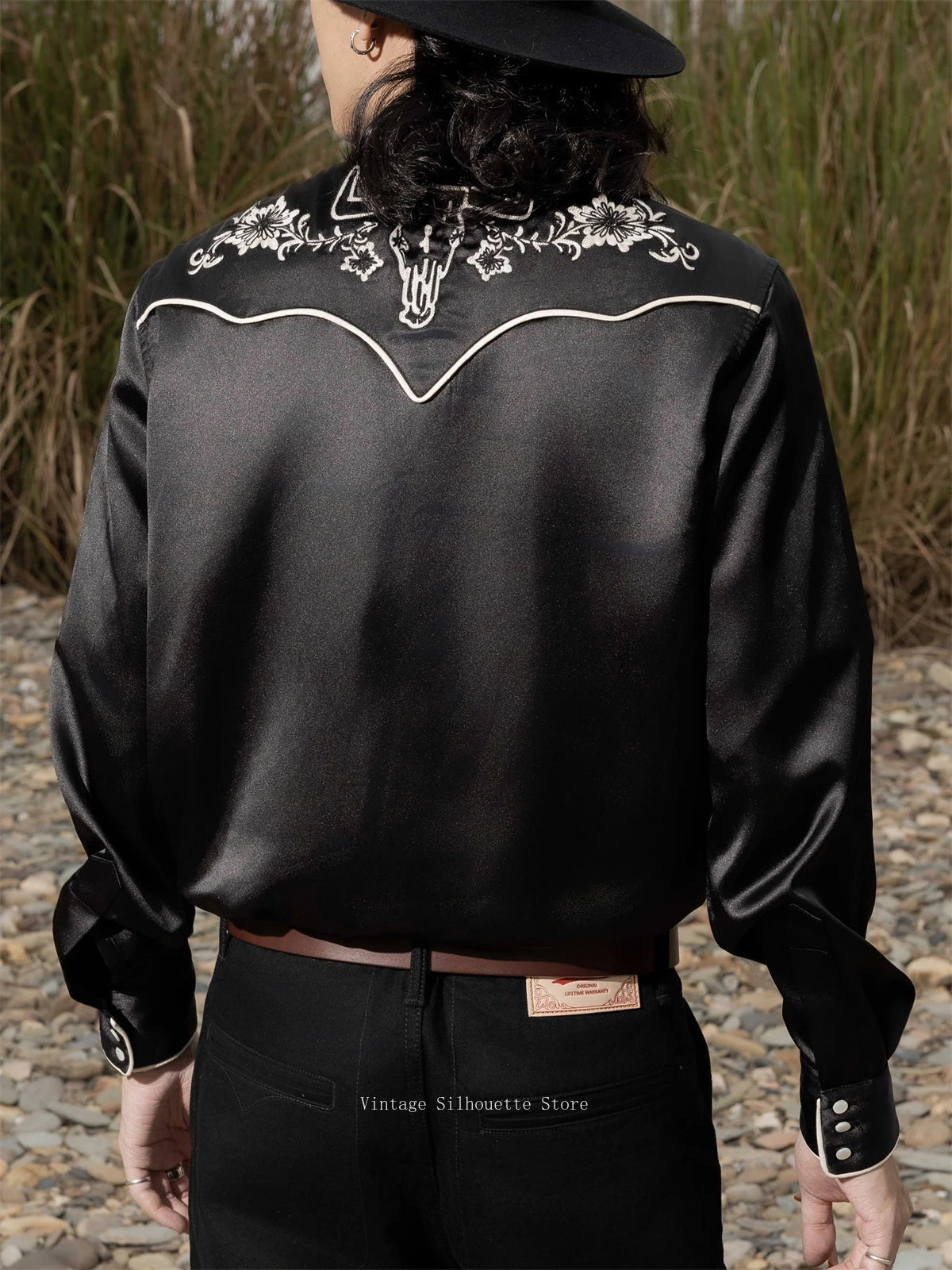 Black Embroidered Satin Western Shirt