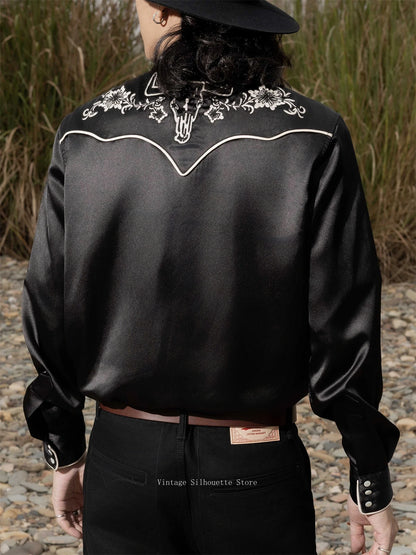 Black Embroidered Satin Western Shirt
