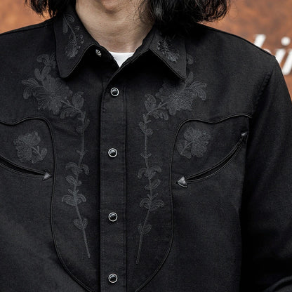 Black Floral Embroidered Western Shirt