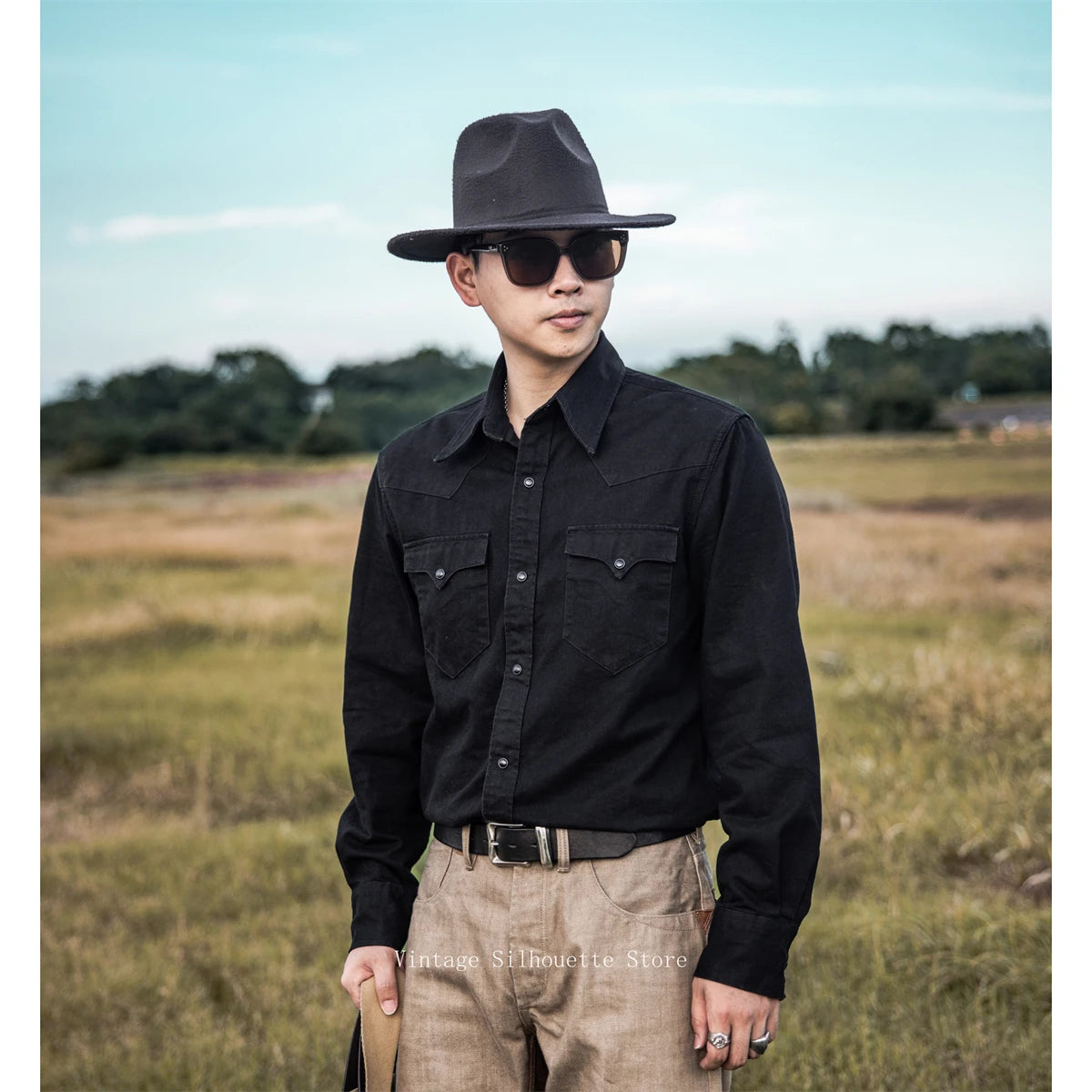 Black Slim Western Shirt