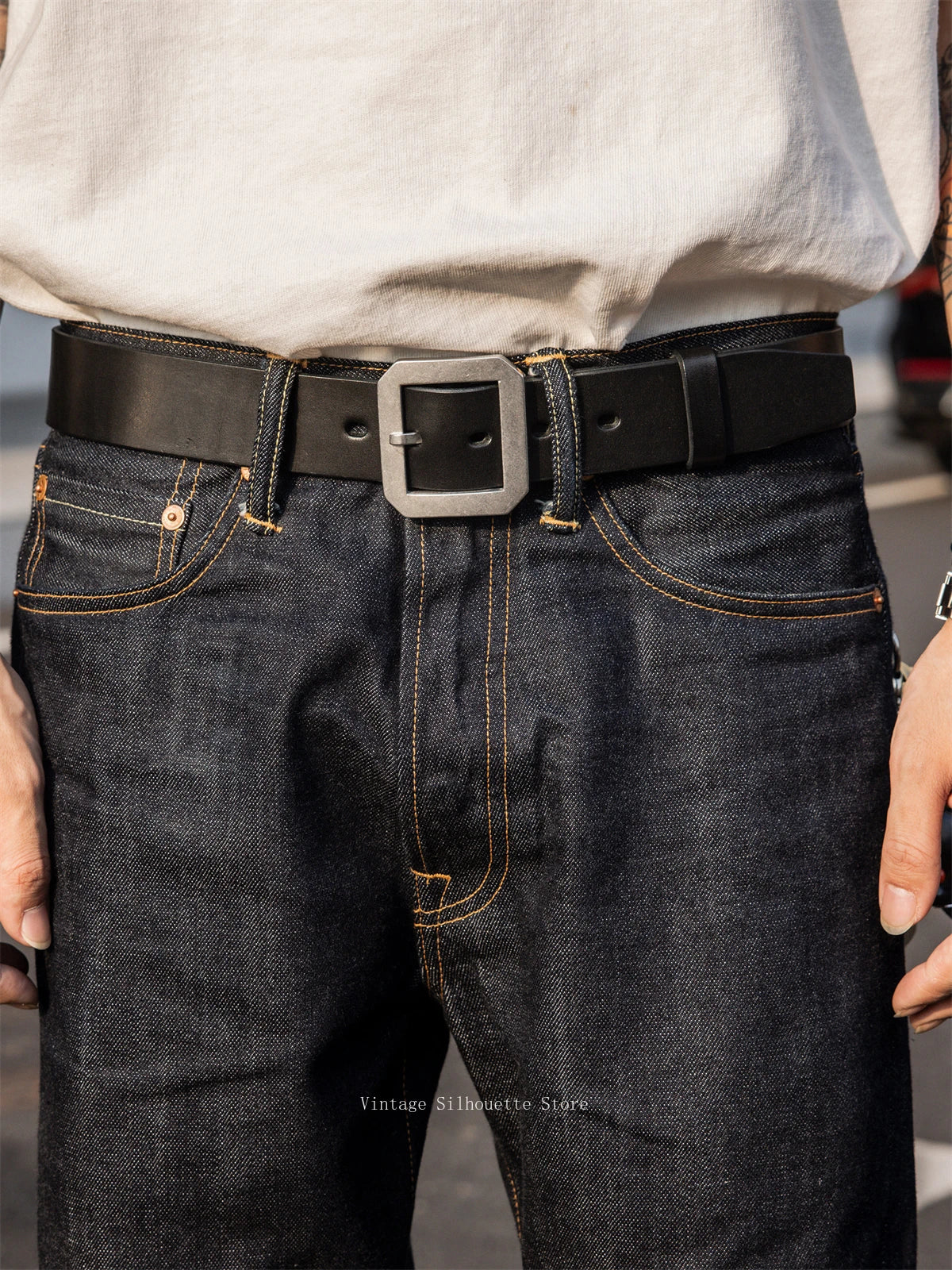 Black Leather Stainless Buckle Belt