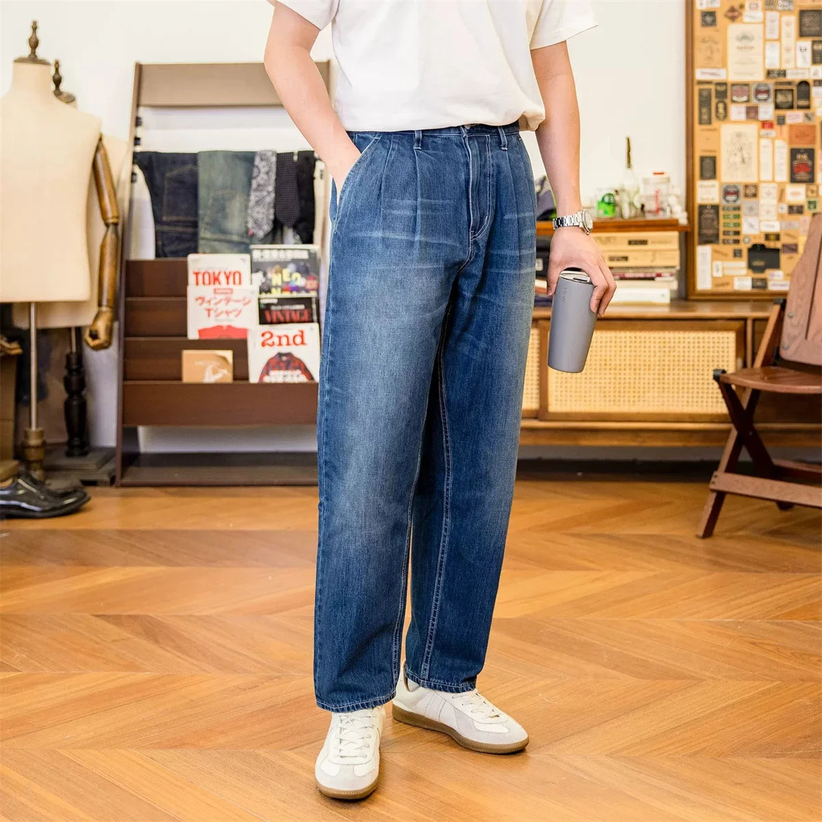 Washed Blue Two Tuck Trousers