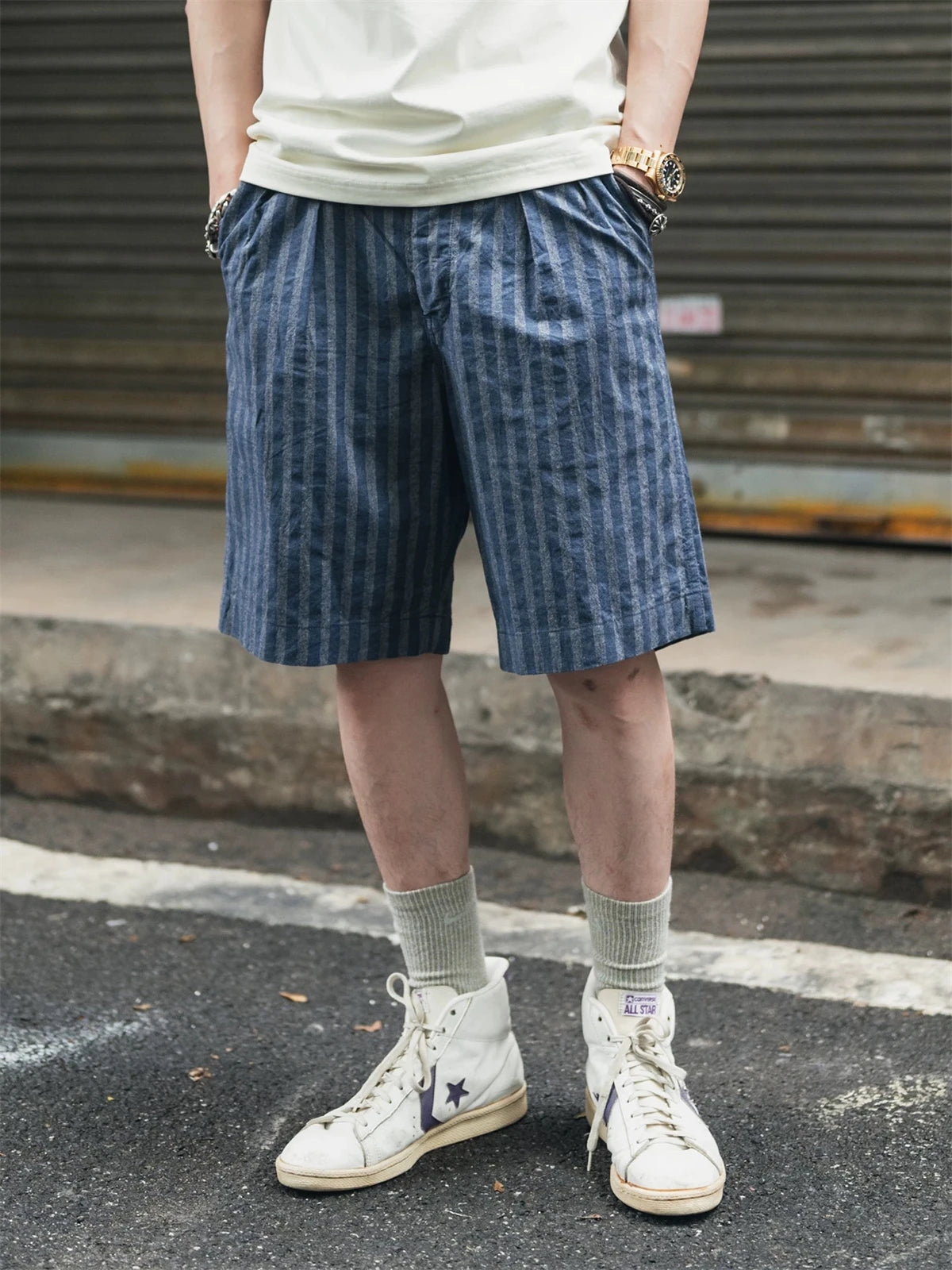 Striped Chambray Pleated Shorts