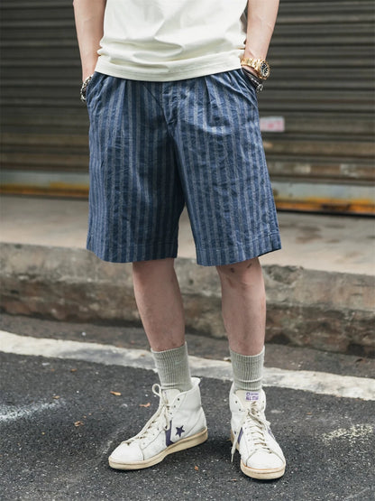 Striped Chambray Pleated Shorts