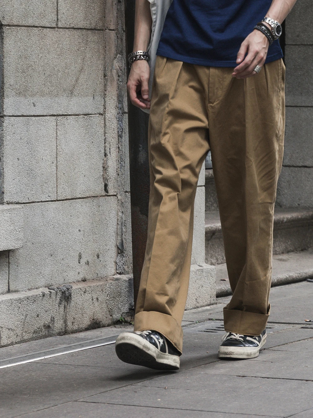 Pleated Straight Khaki Slacks