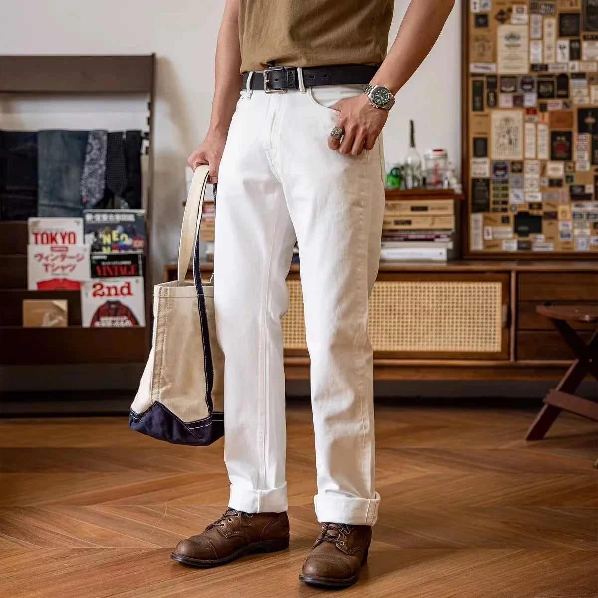 White Straight Selvedge Jeans