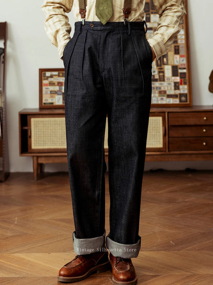 Pleated High Waist Denim Trousers