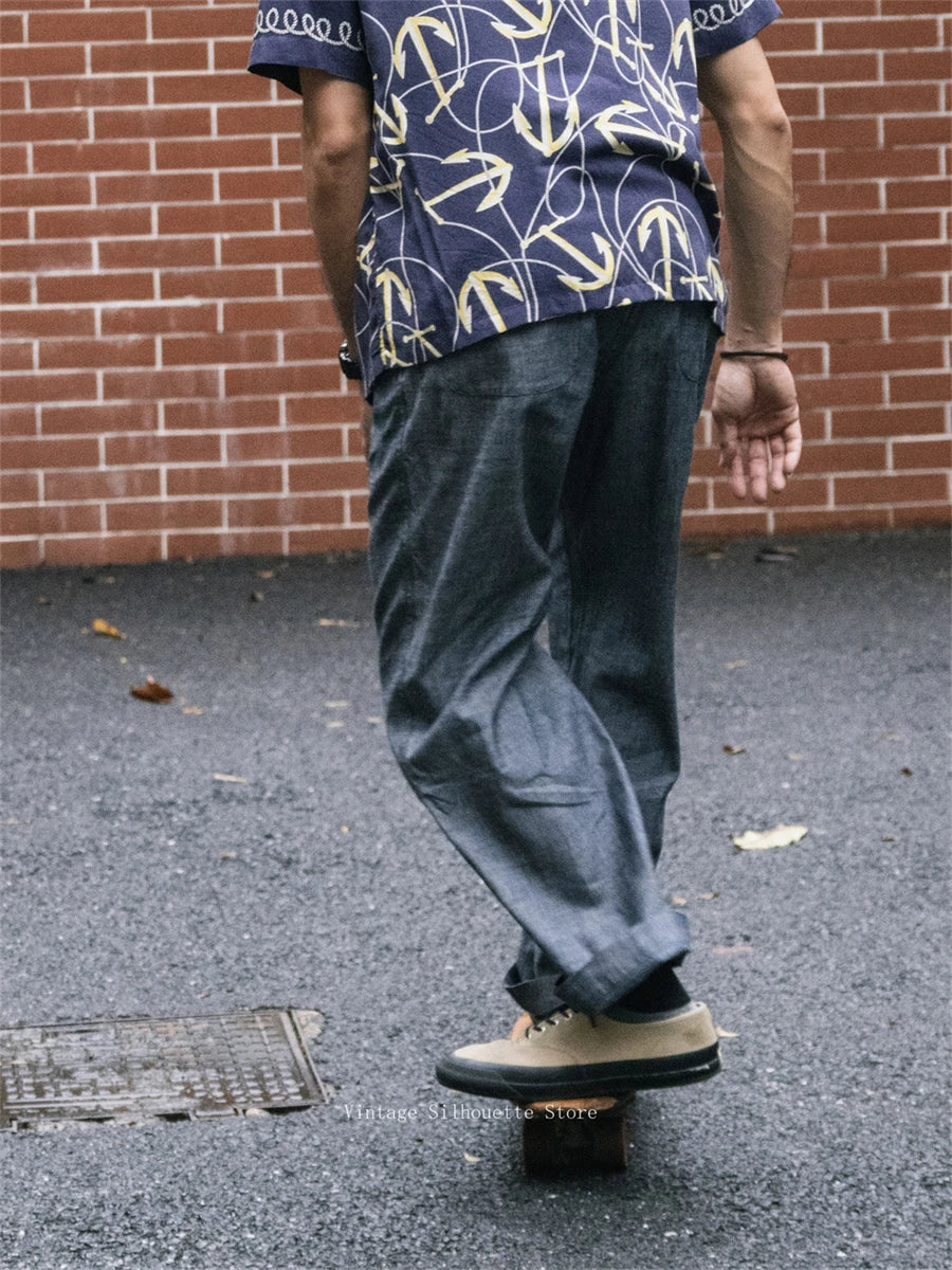 Chambray Pleated Loose Trousers