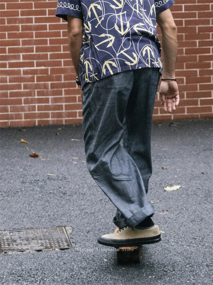 Chambray Pleated Loose Trousers