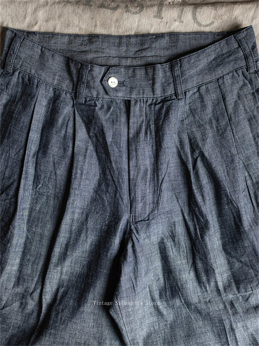 Chambray Pleated Loose Trousers