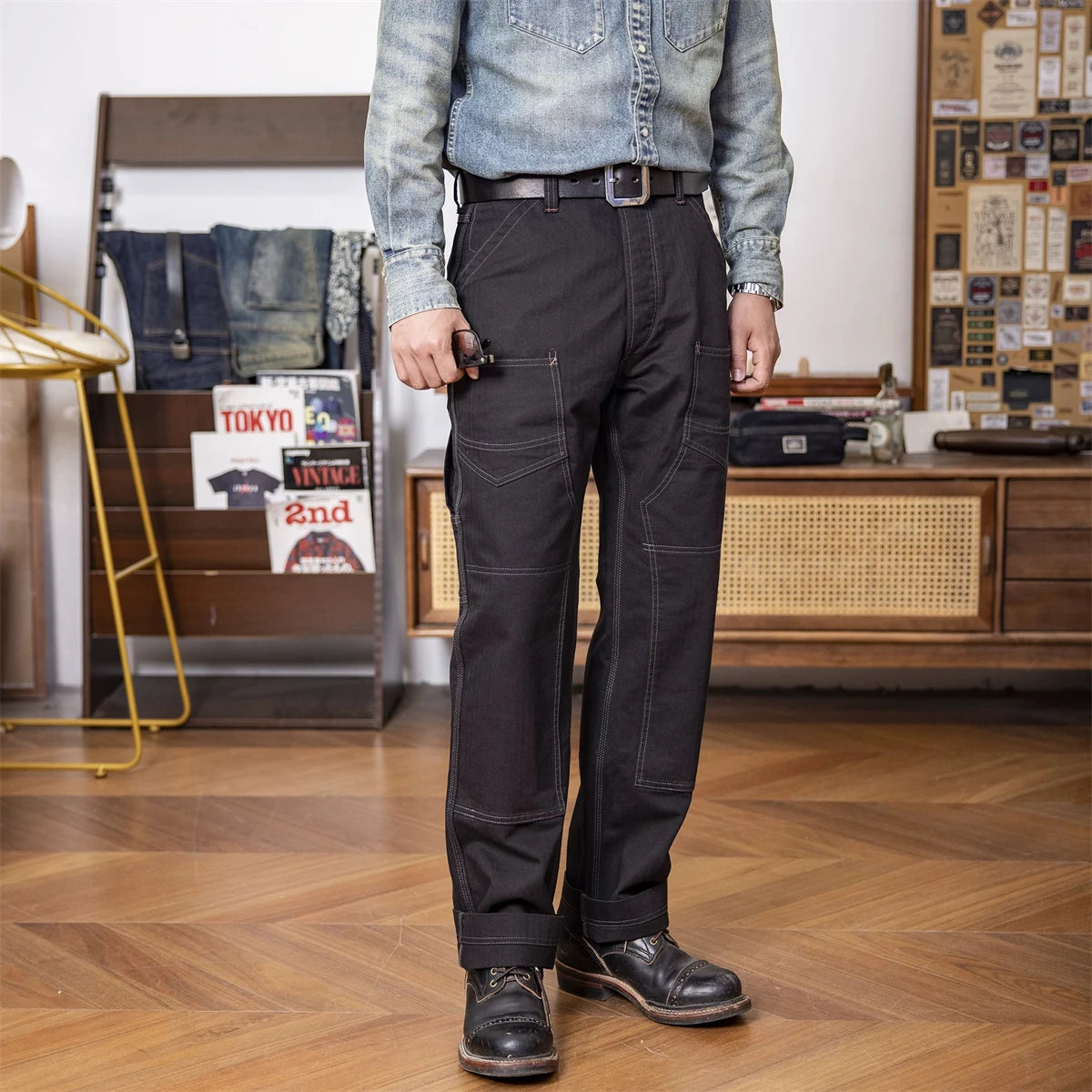 Black Herringbone Work Overalls