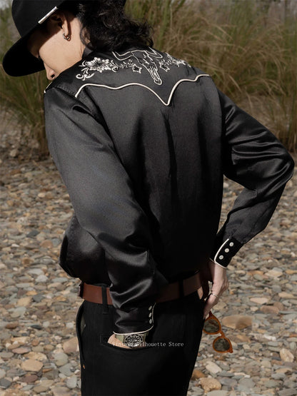 Black Embroidered Satin Western Shirt