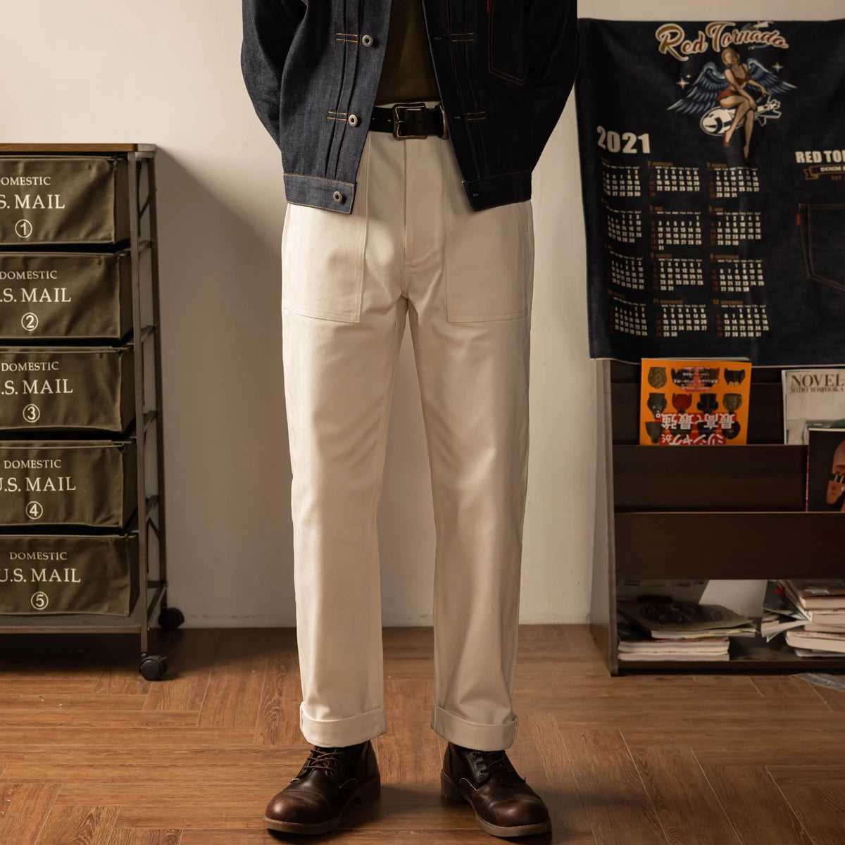 White Herringbone Deck Trousers