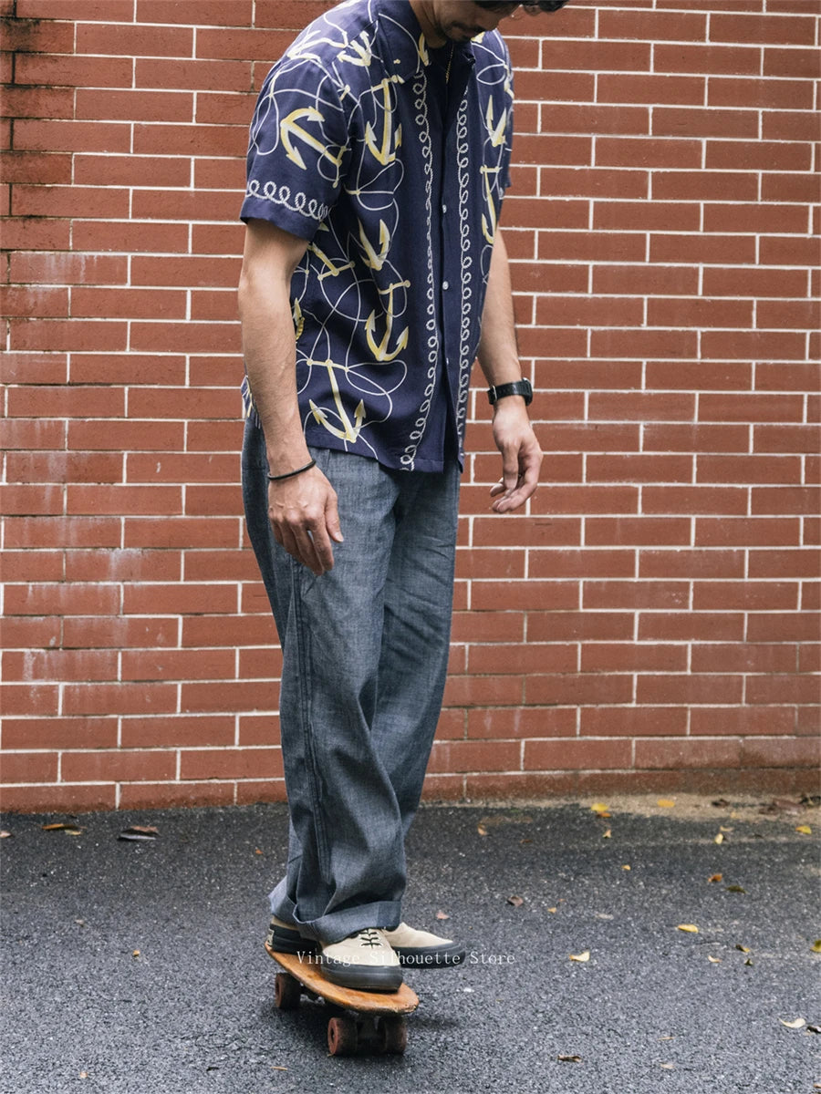 Chambray Pleated Loose Trousers