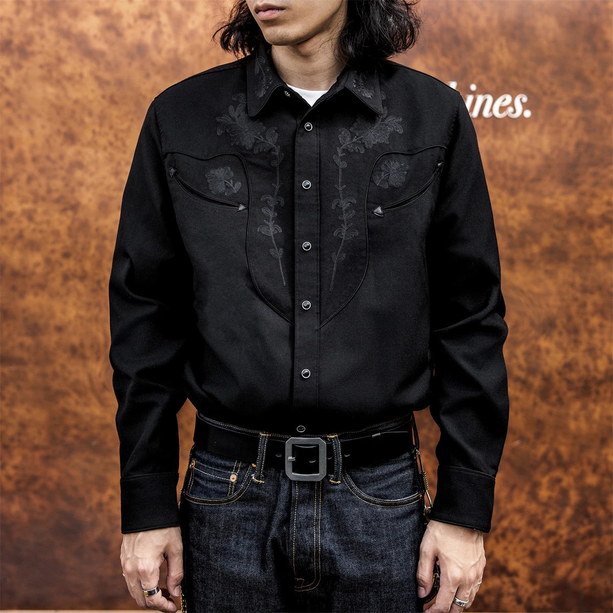Black Floral Embroidered Western Shirt