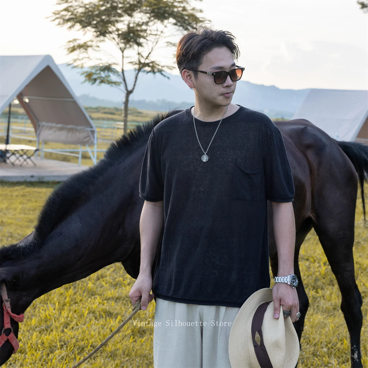 Black Linen Pocket Tee