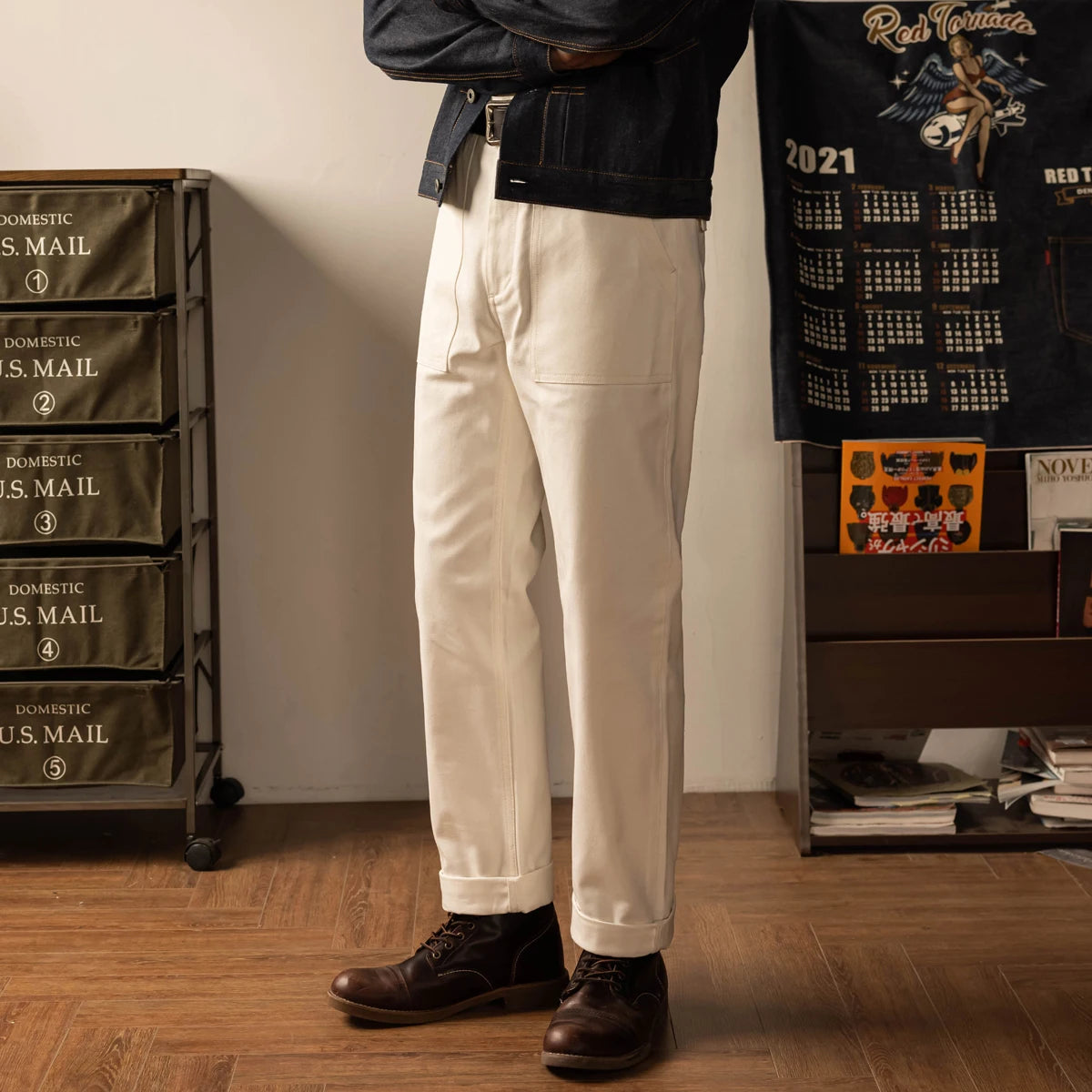 White Herringbone Deck Trousers