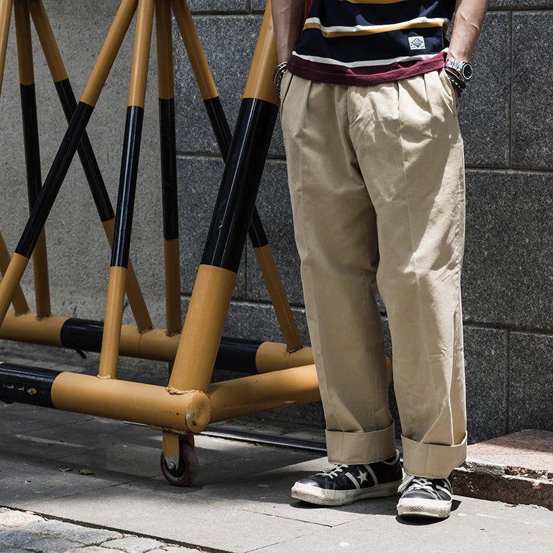 Pleated Straight Khaki Slacks