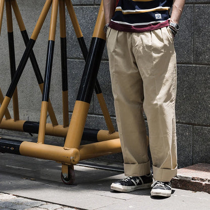 Pleated Straight Khaki Slacks