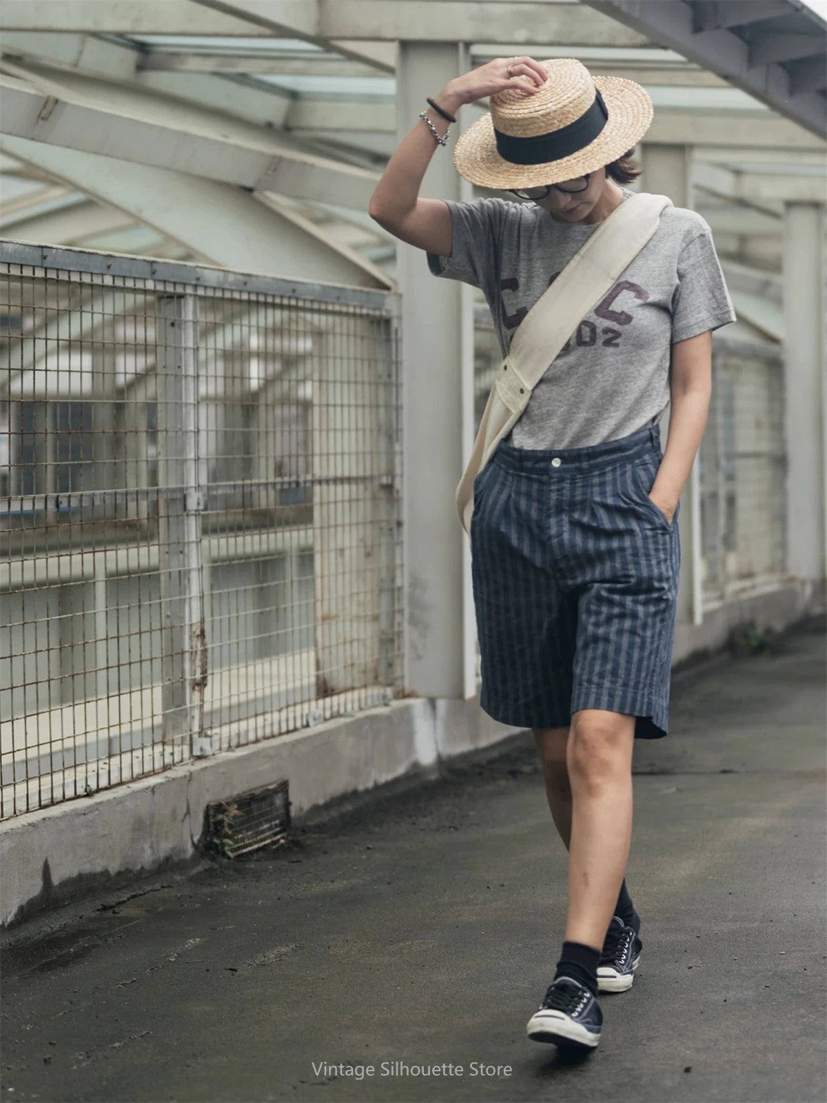 Striped Chambray Pleated Shorts