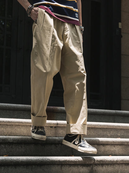 Pleated Straight Khaki Slacks