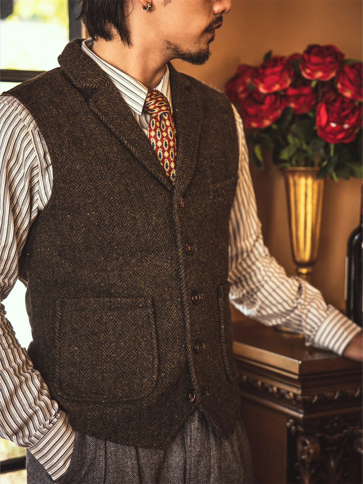 Herringbone Tweed Lapel Vest