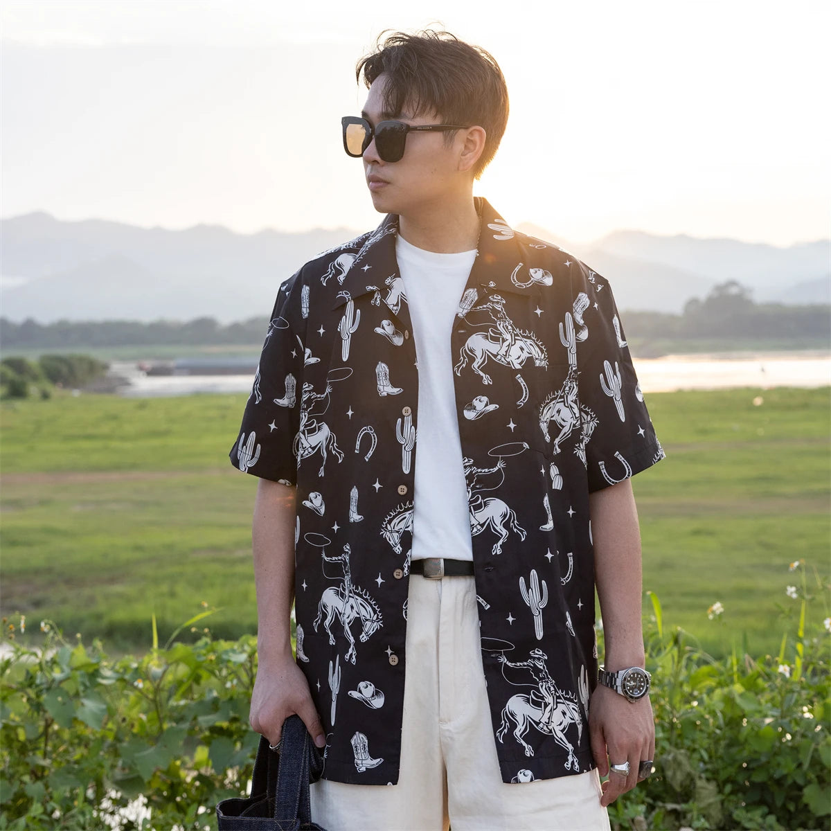 Black Cowboy Print Hawaiian Shirt