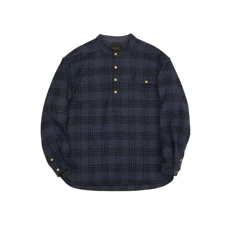 Band Collar Plaid Flannel Shirt