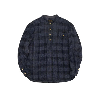 Band Collar Plaid Flannel Shirt