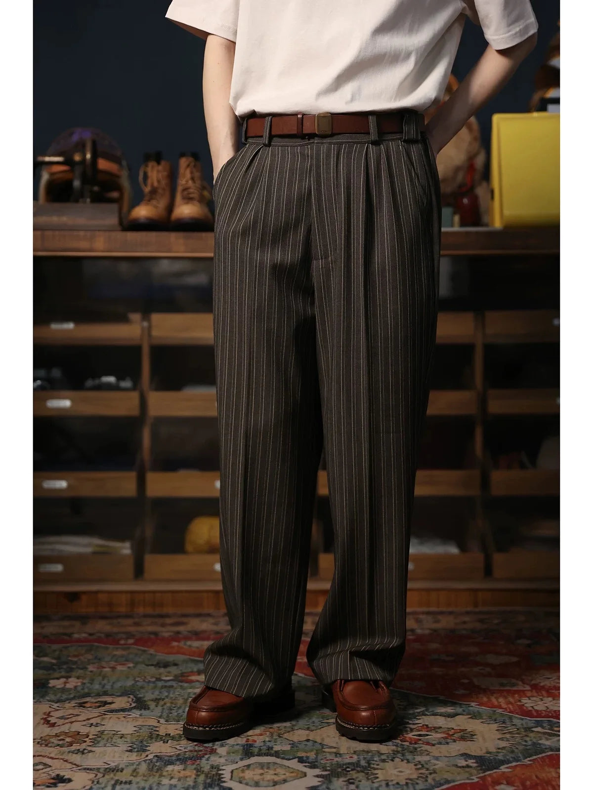 Pinstripe Pleated Suit Trousers