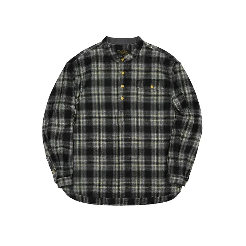 Band Collar Plaid Flannel Shirt