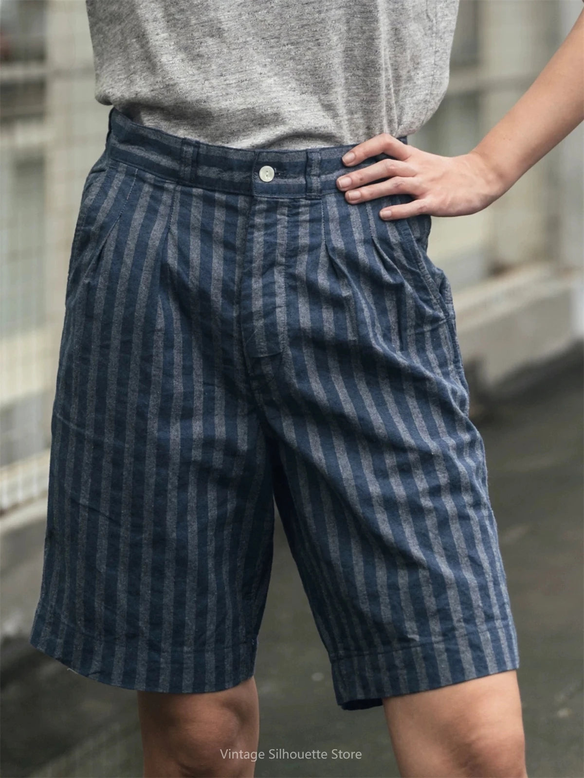 Striped Chambray Pleated Shorts