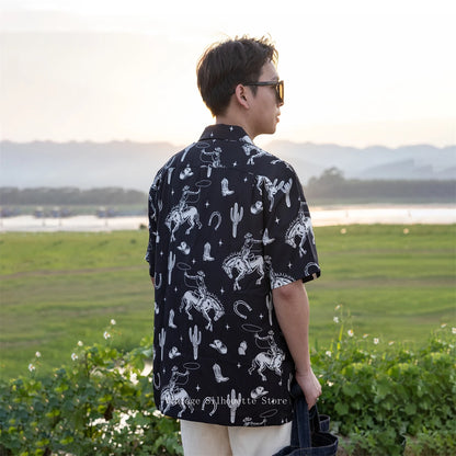 Black Cowboy Print Hawaiian Shirt