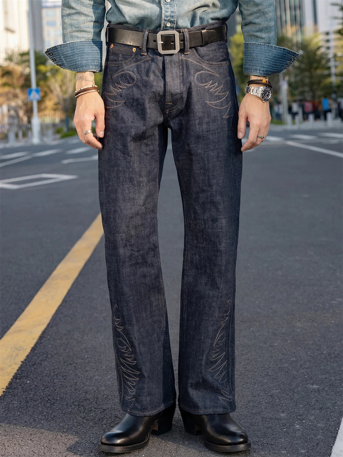 Indigo Embroidered Bootcut Jeans