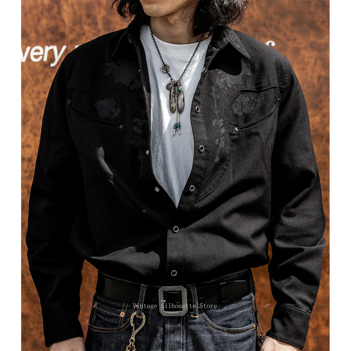 Black Floral Embroidered Western Shirt
