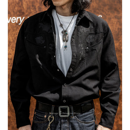 Black Floral Embroidered Western Shirt