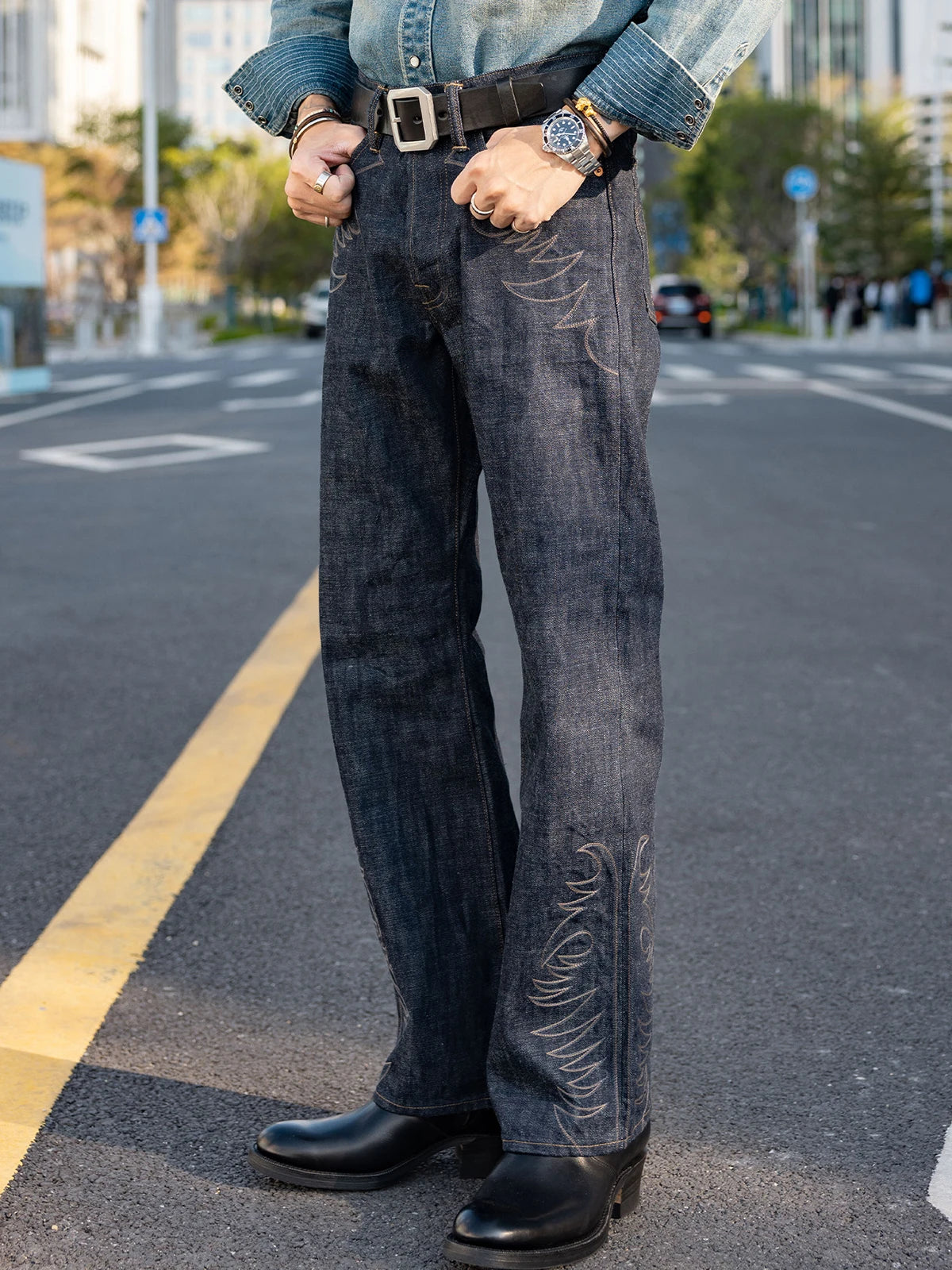 Indigo Embroidered Bootcut Jeans
