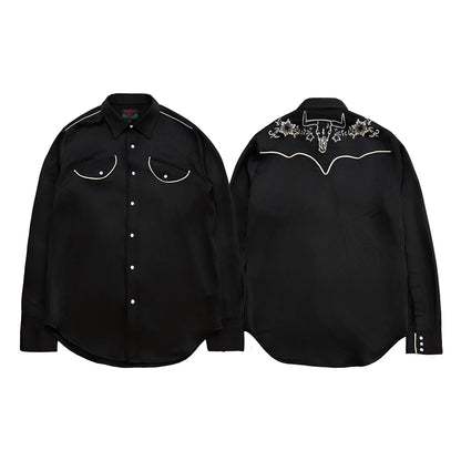 Black Embroidered Satin Western Shirt