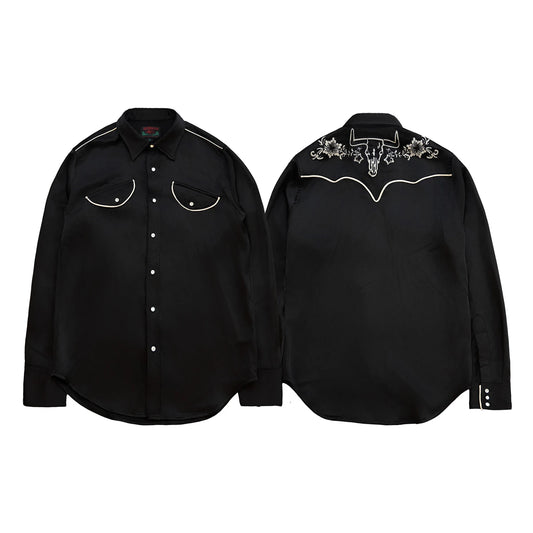 Black Embroidered Satin Western Shirt
