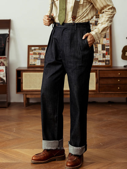 Pleated High Waist Denim Trousers