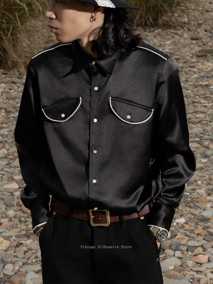Black Embroidered Satin Western Shirt
